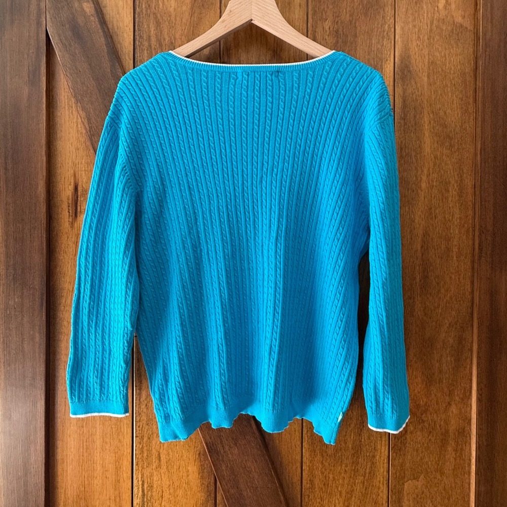 Lauren Ralph Lauren Blue Cable Knit V-Neck Sweater XL Preppy Coastal Grandmother - Picture 3 of 8